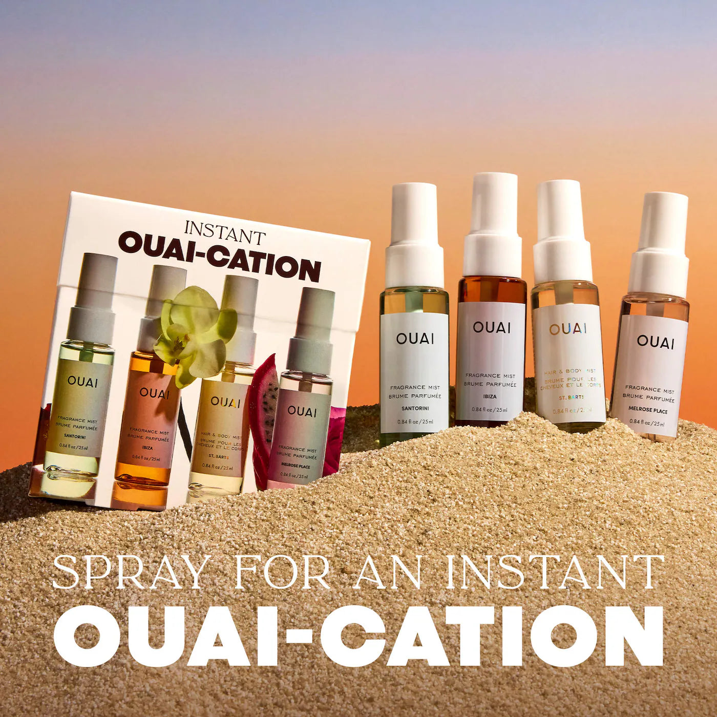 OUAI Mini St. Barts, Ibiza, Santorini & Melrose Hair & Body Mist Set